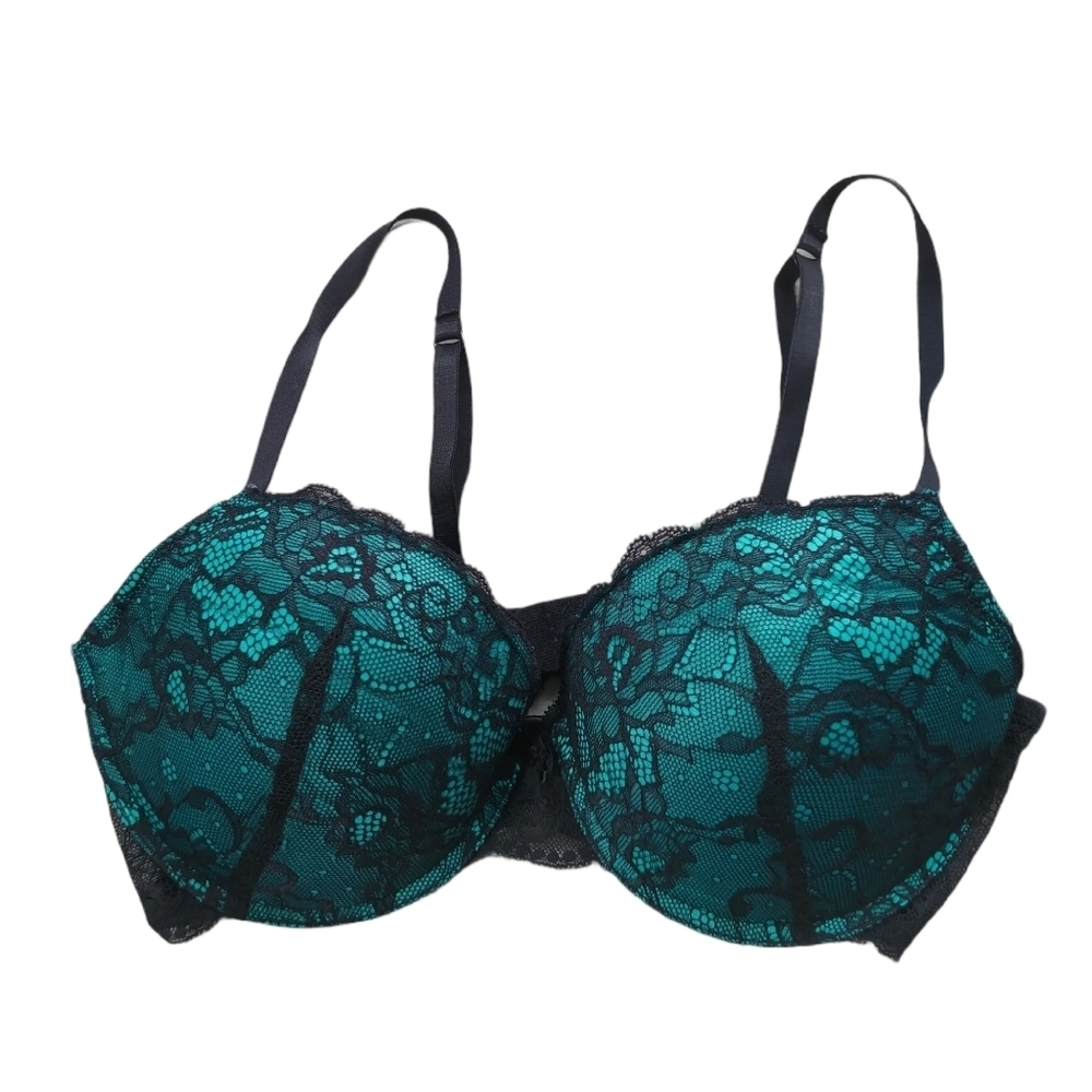 NWOT DARK TEAL WITH BLACK LACE OVERLAY PUSH UP BRA BY ROSE & VINE ~ SIZE 36D